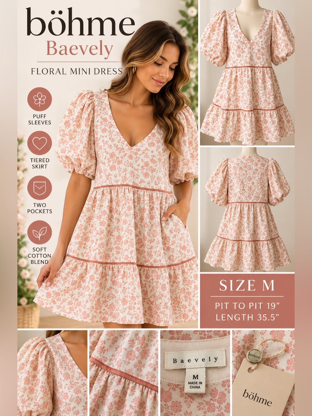 Böhme Baevely Peach Floral Puff Sleeve Tiered Mini Dress Size M NWT